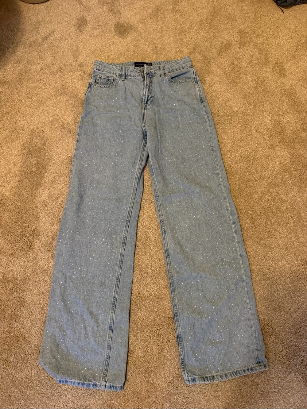 stradivarius Light Blue Wide-Leg Jeans with Sparkle
